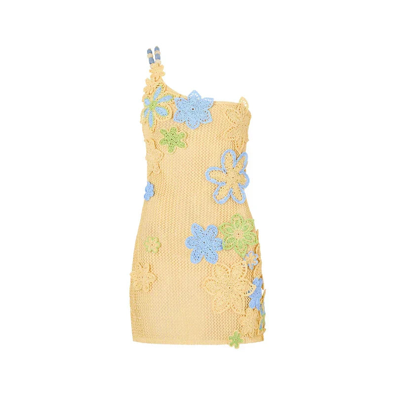 Robe d'été courte en crochet jaune avec broderie florale pour femmes – Nari