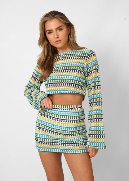 Ensemble Femme - Haut Court Tricoté à Manches Longues avec Jupe Mini Taille Haute - Coupe Slim