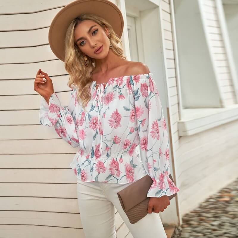 Blouse Fleurie en Chiffon pour Femmes avec Manches Évasées – Elvira