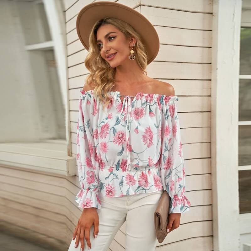 Blouse Fleurie en Chiffon pour Femmes avec Manches Évasées – Elvira