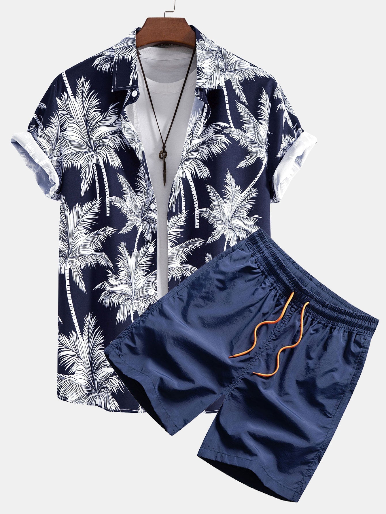 Chemise à Motif de Palmiers avec Boutons et Short de Bain