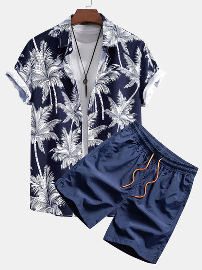 Chemise à Motif de Palmiers avec Boutons et Short de Bain