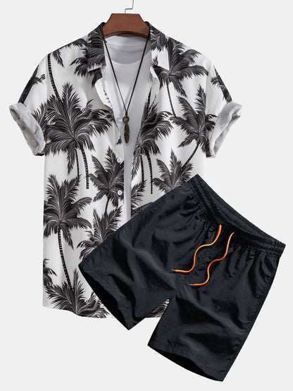 Chemise à Motif de Palmiers avec Boutons et Short de Bain