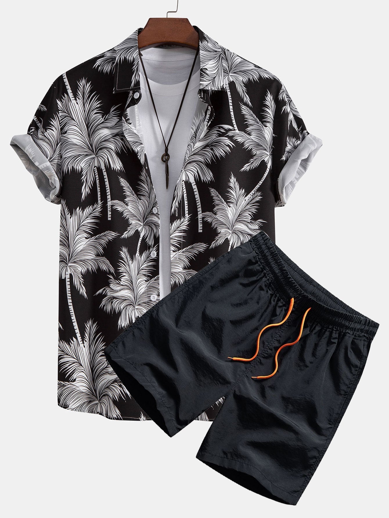 Chemise à Motif de Palmiers avec Boutons et Short de Bain
