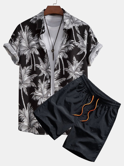 Chemise à Motif de Palmiers avec Boutons et Short de Bain