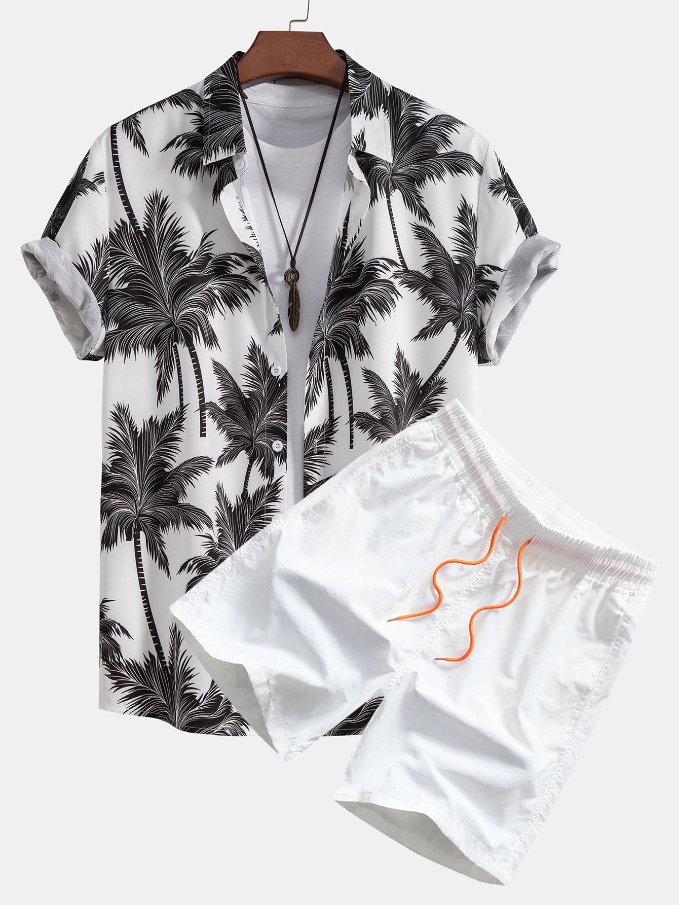 Chemise à Motif de Palmiers avec Boutons et Short de Bain