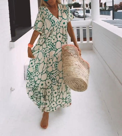 Robe maxi verte à manches courtes avec imprimé – Modèle Elisa