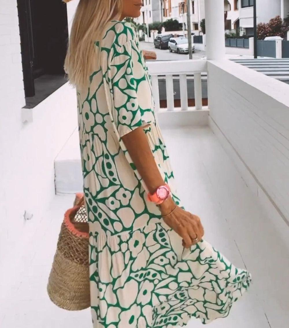 Robe maxi verte à manches courtes avec imprimé – Modèle Elisa