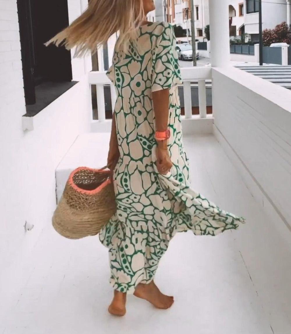 Robe maxi verte à manches courtes avec imprimé – Modèle Elisa
