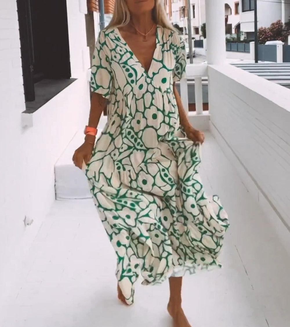 Robe maxi verte à manches courtes avec imprimé – Modèle Elisa