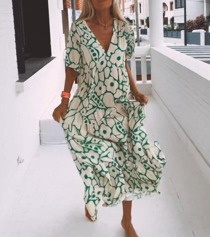 Robe maxi verte à manches courtes avec imprimé – Modèle Elisa
