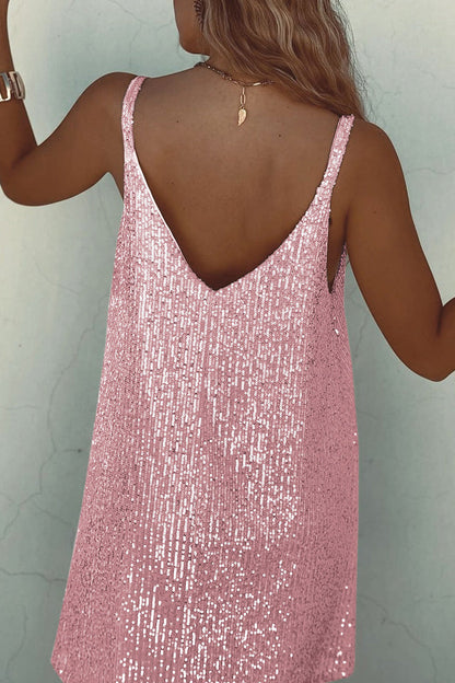 Robe Mini Femme Sans Manches à Paillettes - Col V et Bretelles Spaghetti
