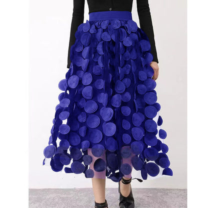 Jupe Midi Femme - Tulle Évasé avec Détails Circulaires - Design Superposé