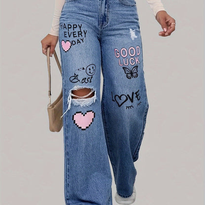 Jeans Femme Lotte avec Imprimé Cœur et Graffiti