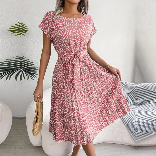 Robe à Imprimé Floral avec Col Rond et Nœud
