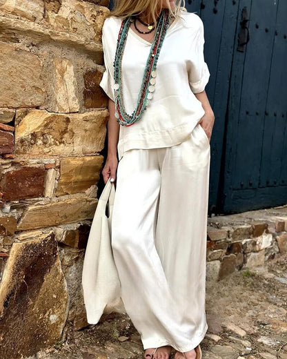 TALIE | Ensemble sophistiqué chemisier et pantalon blanc - Luviera Fashion