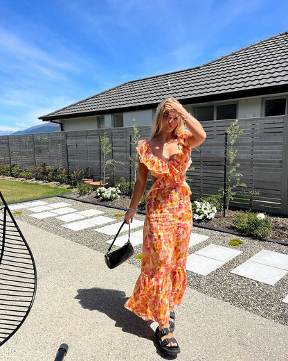 Robe Femme - Design Cintré - Volants & Détails Découpés - Imprimé Floral Élégant