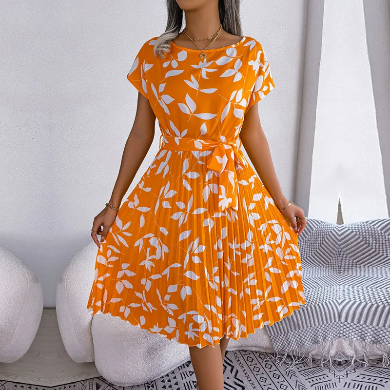 Robe à Imprimé Floral avec Col Rond et Nœud