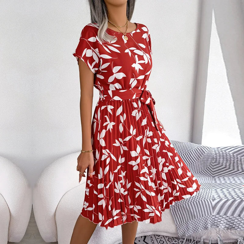 Robe à Imprimé Floral avec Col Rond et Nœud