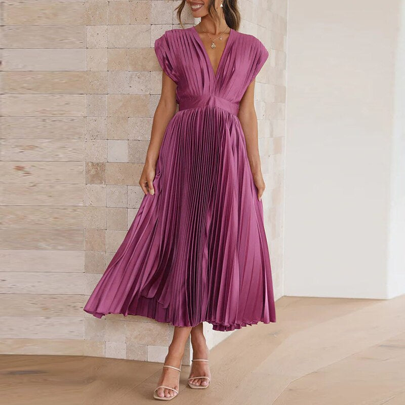 Robe maxi fluide à décolleté en V et plis – Noelle