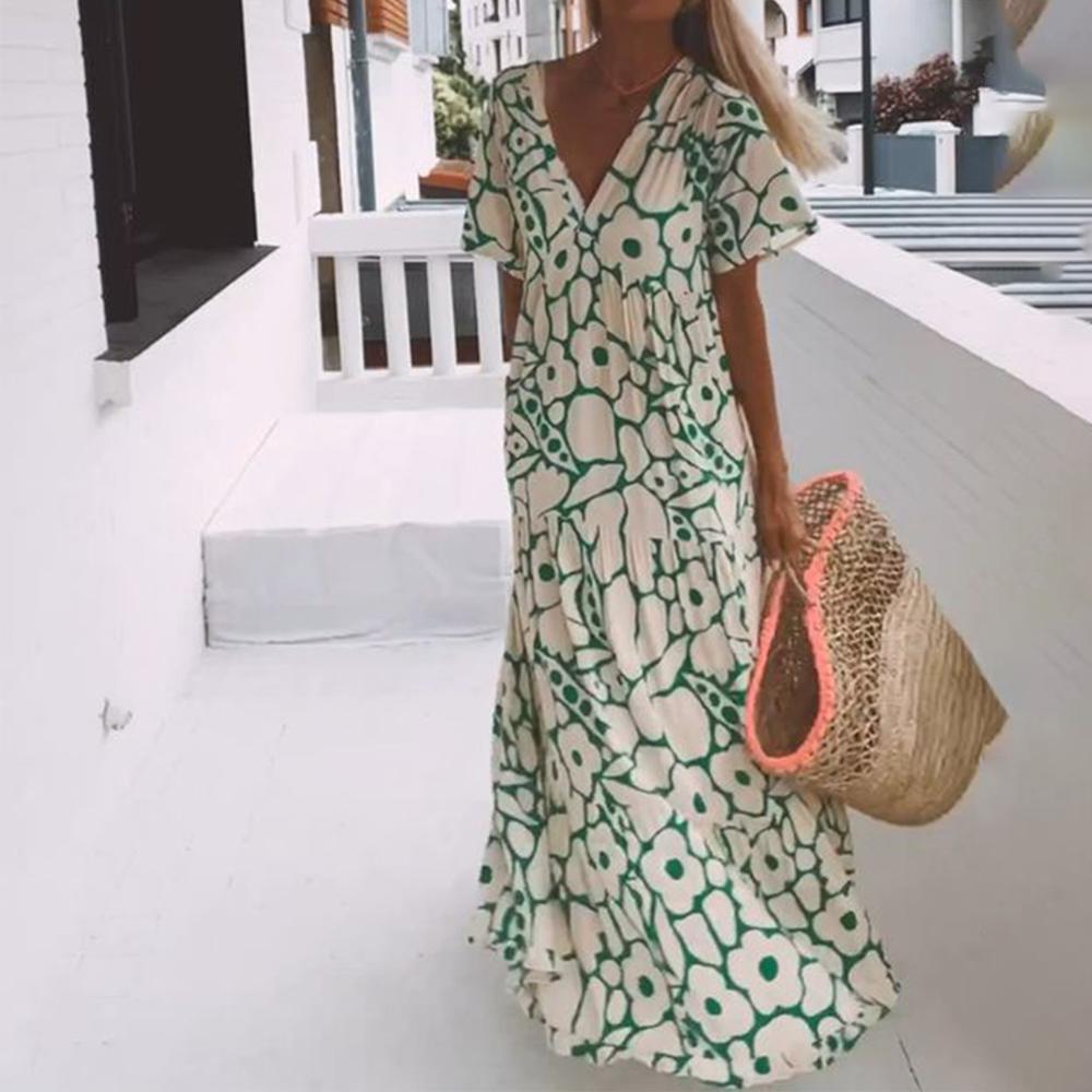 Robe maxi verte à manches courtes avec imprimé – Modèle Elisa