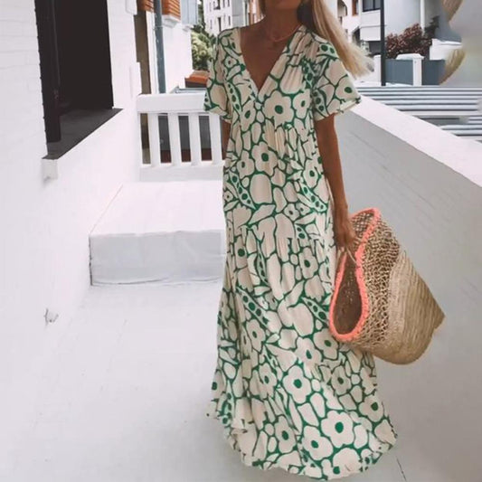 Robe maxi verte à manches courtes avec imprimé – Modèle Elisa
