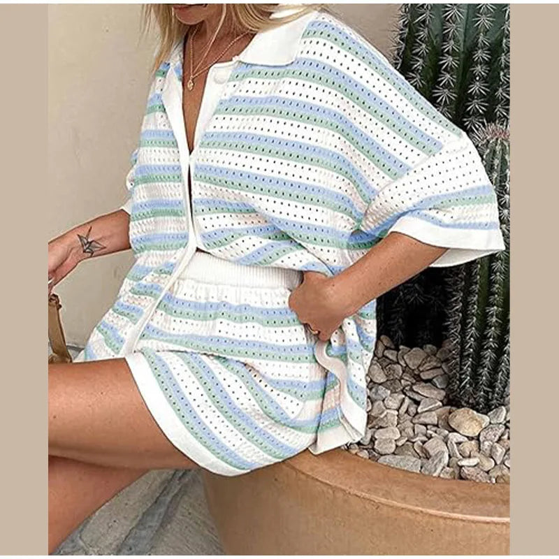 Katelijne | Ensemble d'été tricoté à rayures pour femmes - Multicolore et aéré