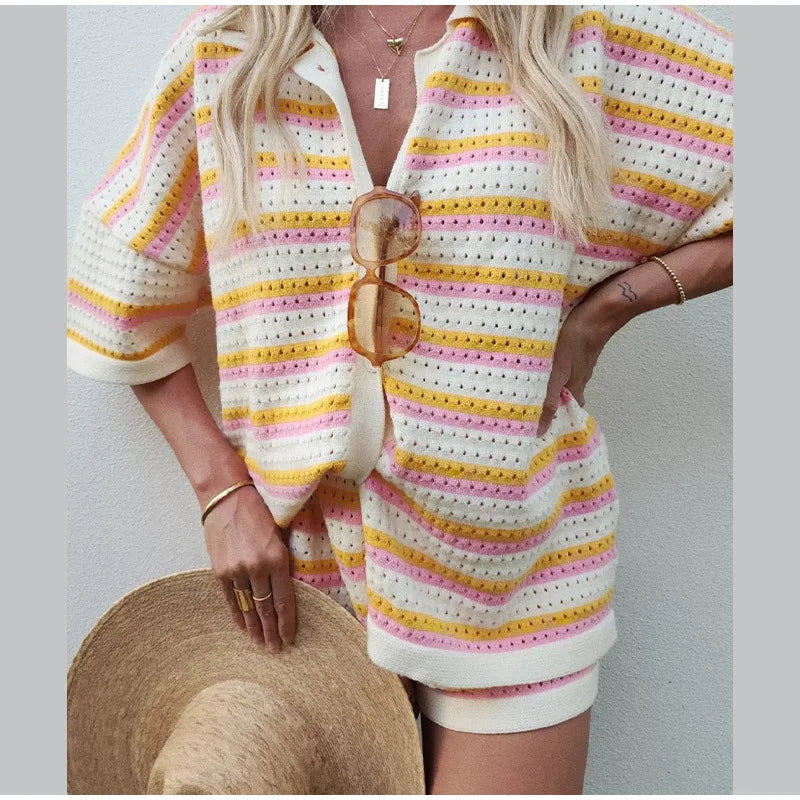 Katelijne | Ensemble d'été tricoté à rayures pour femmes - Multicolore et aéré