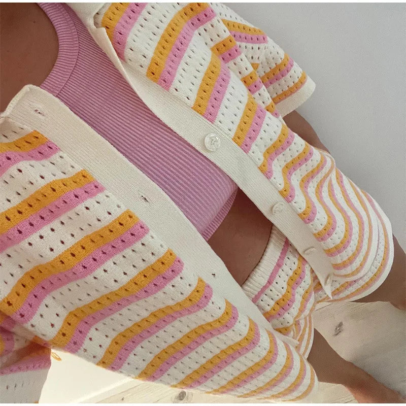 Katelijne | Ensemble d'été tricoté à rayures pour femmes - Multicolore et aéré