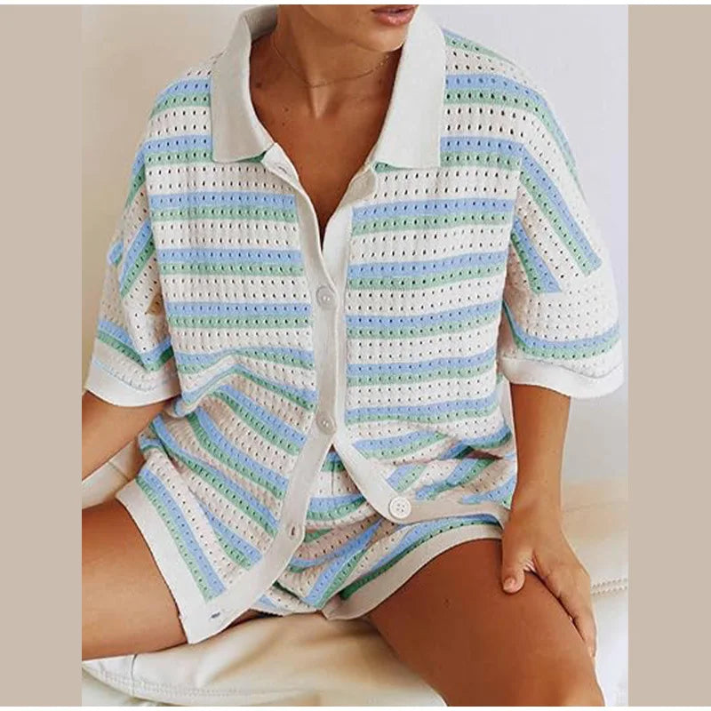 Katelijne | Ensemble d'été tricoté à rayures pour femmes - Multicolore et aéré