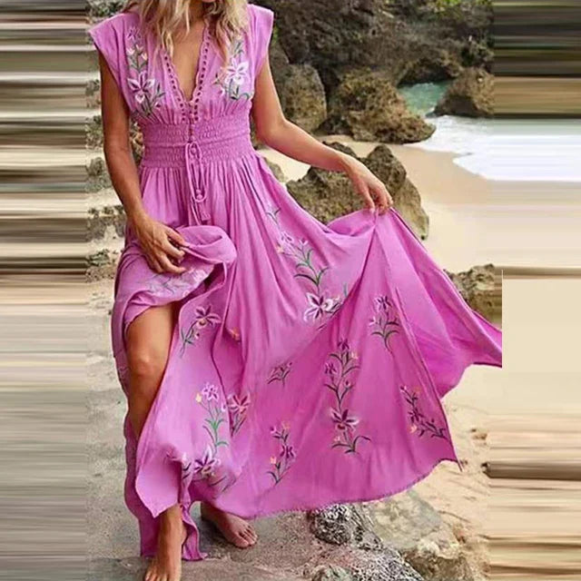 Robe d'été midi boho à décolleté en V et silhouette fluide – Talia