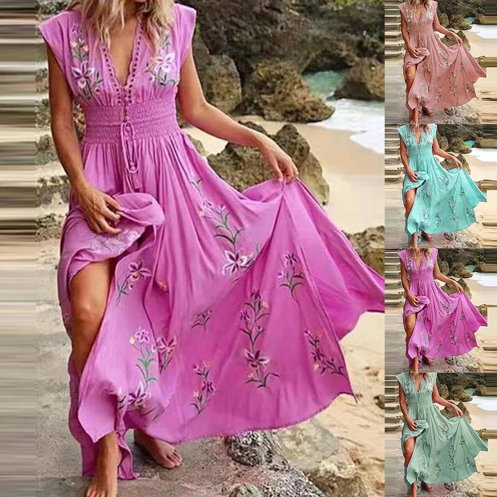 Robe d'été midi boho à décolleté en V et silhouette fluide – Talia