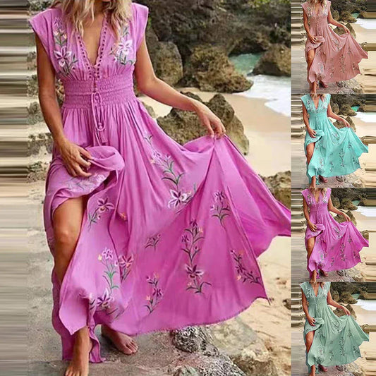 Robe d'été midi boho à décolleté en V et silhouette fluide – Talia