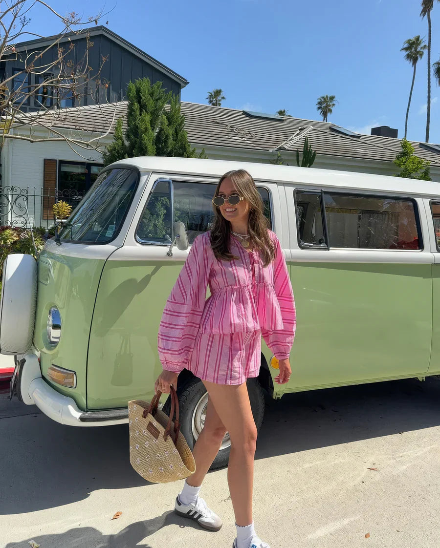 Ensemble Femme Deux Pièces - Chemise Ample & Short - Rayé - Taille Élastique - Coupe Décontractée