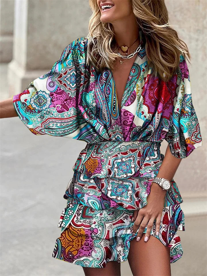 Robe Femme à Col V Imprimé Floral avec Volants et Manches Chauve-souris – Taille Élastique