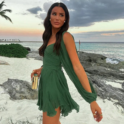 Robe Femme avec Décolleté V Profond, Manches Longues, Coupe A et Volants - Taille Élastique