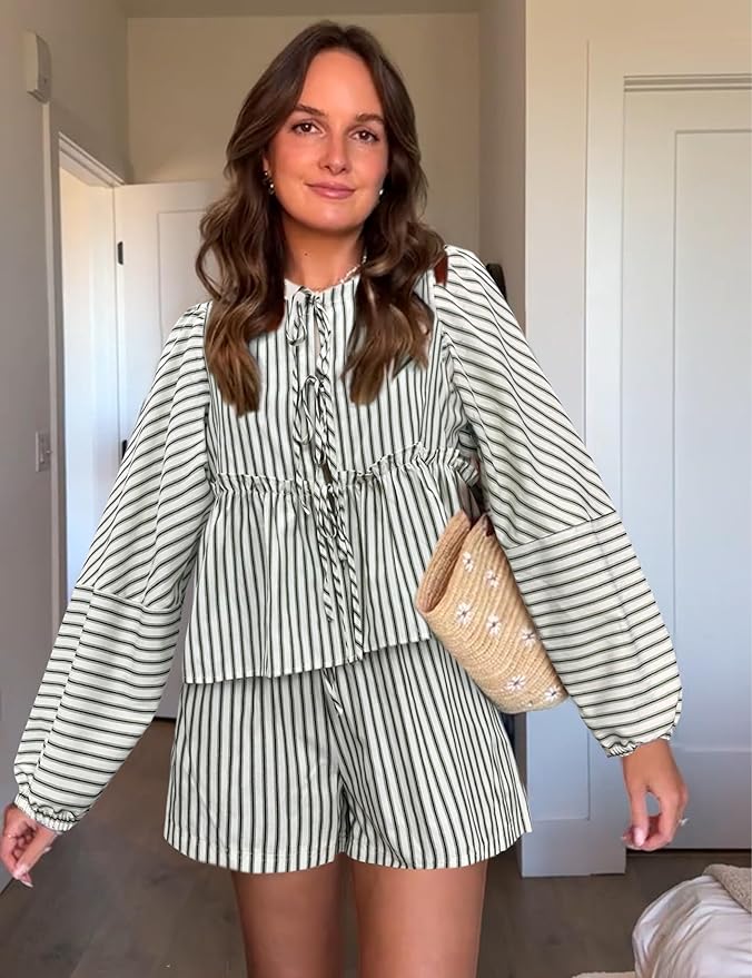 Ensemble Femme : Top et Shorts - Coupe Relaxed - Taille Haute - Rayé - Look Boho