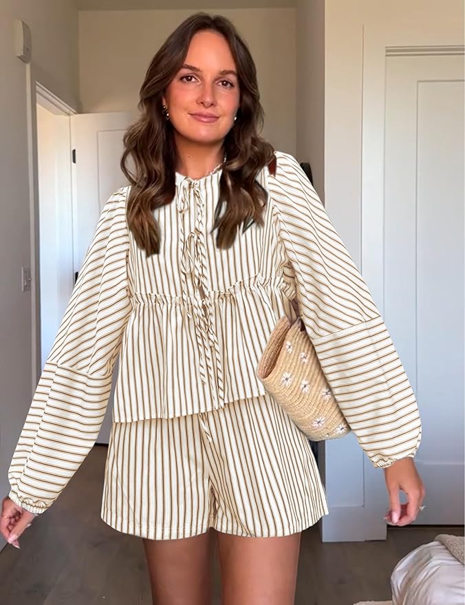 Ensemble Femme : Top et Shorts - Coupe Relaxed - Taille Haute - Rayé - Look Boho