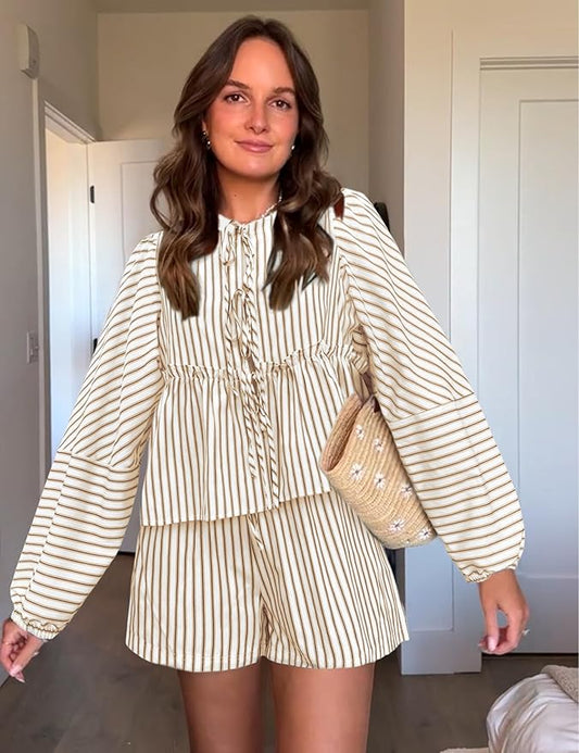Ensemble Femme : Top et Shorts - Coupe Relaxed - Taille Haute - Rayé - Look Boho