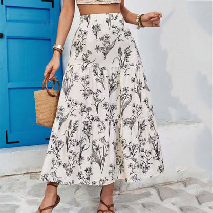 Jupe midi femme – Taille élastique – Motif floral – Couches légères – Confort optimal