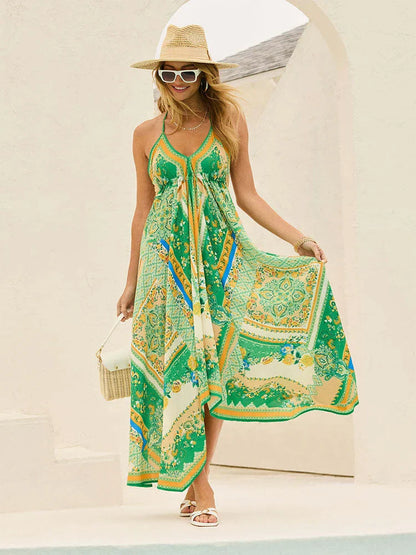 Robe maxi boho élégante avec décolleté à nouer pour femmes – Naya