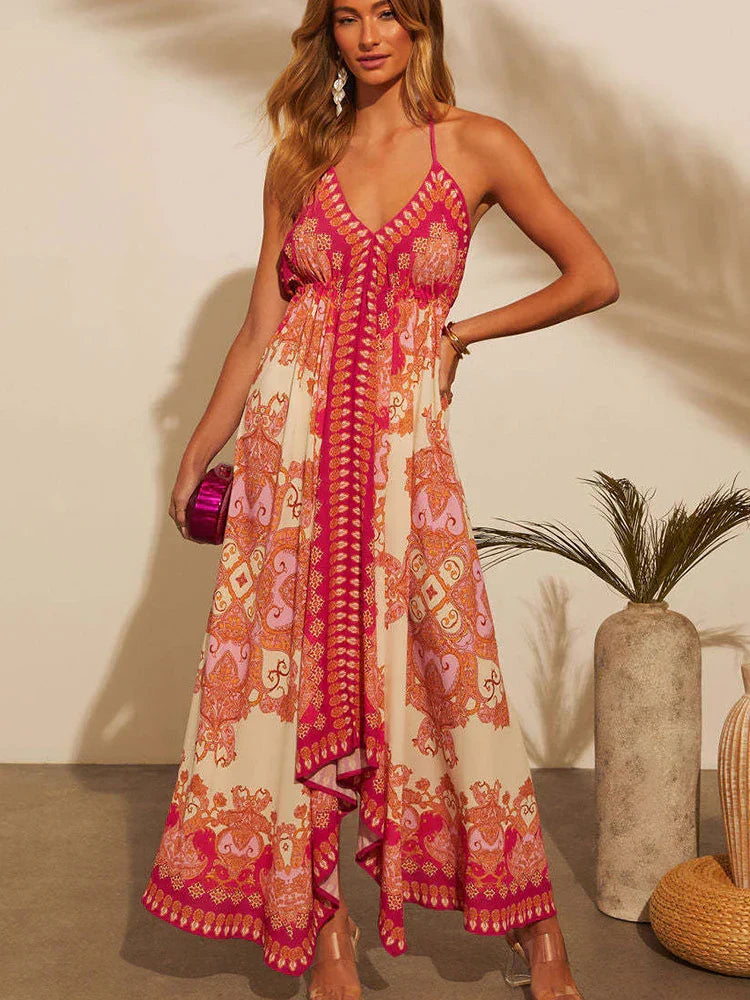 Robe maxi boho élégante avec décolleté à nouer pour femmes – Naya