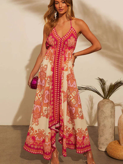 Robe maxi boho élégante avec décolleté à nouer pour femmes – Naya
