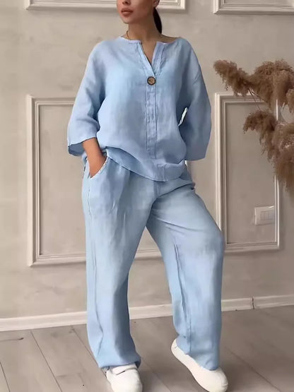Ensemble d'été léger et élégant : blouse et pantalon large en lin – Melina