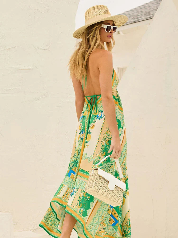 Robe maxi boho élégante avec décolleté à nouer pour femmes – Naya