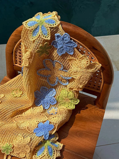 Robe d'été courte en crochet jaune avec broderie florale pour femmes – Nari