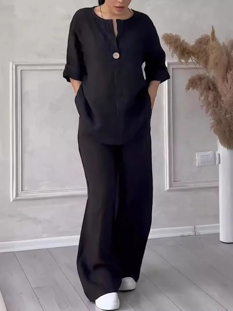 Ensemble d'été léger et élégant : blouse et pantalon large en lin – Melina
