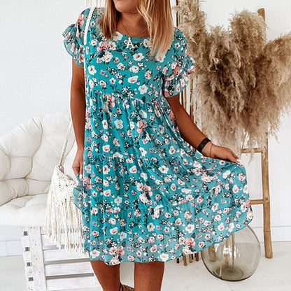 Robe bohème à fleurs avec volants et taille ajustée – Calista