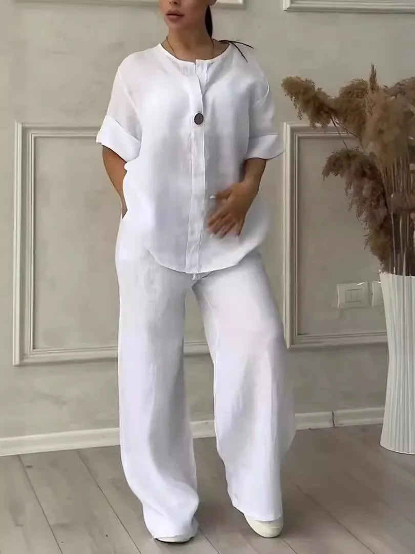 Ensemble d'été léger et élégant : blouse et pantalon large en lin – Melina