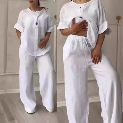 Ensemble d'été léger et élégant : blouse et pantalon large en lin – Melina